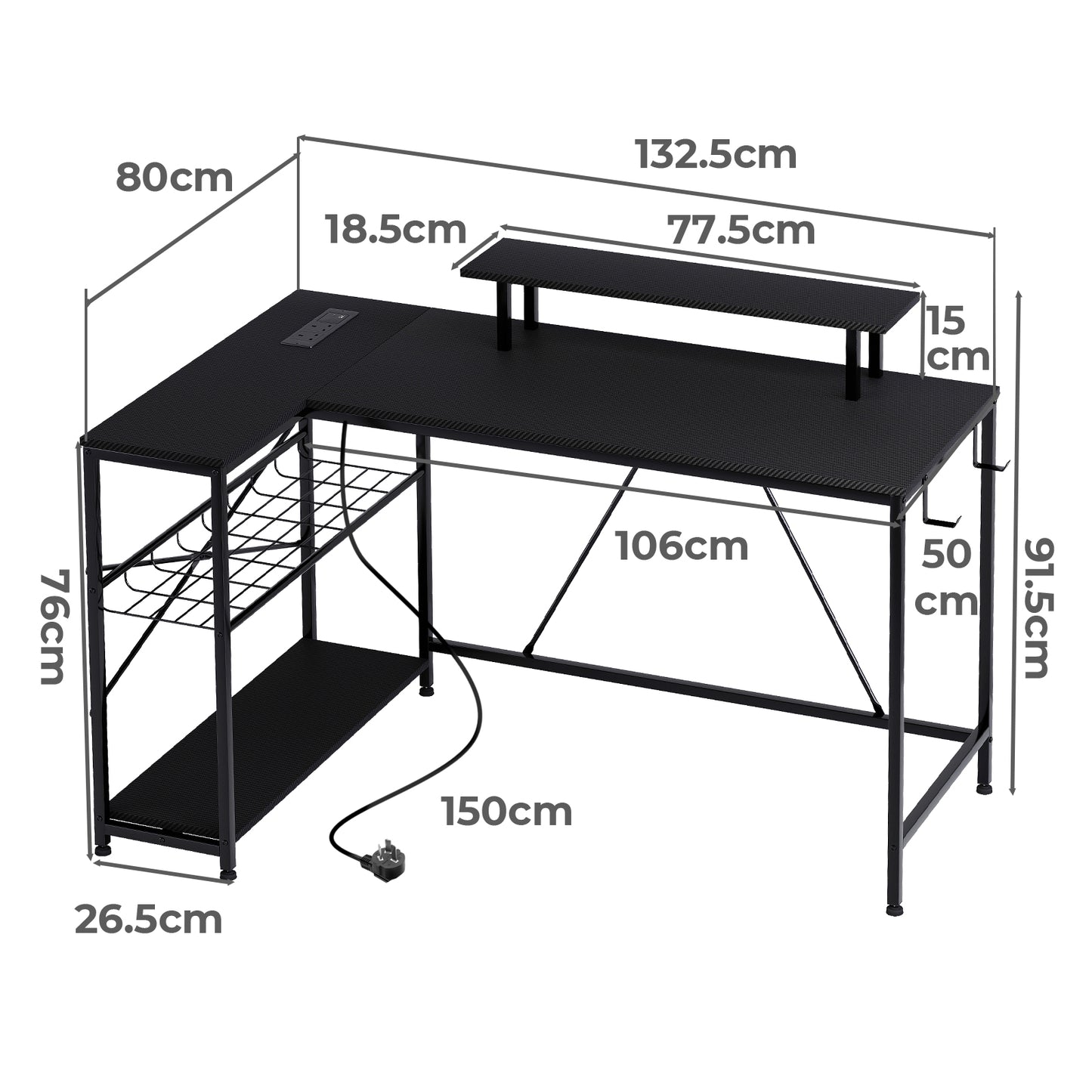 Levede Gaming Desk with LED Lights Shelf Corner L-Shaped Computer Table Charging