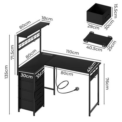 Levede L-Shaped Gaming Desk Office Computer Table with Power Socket LED Drawers
