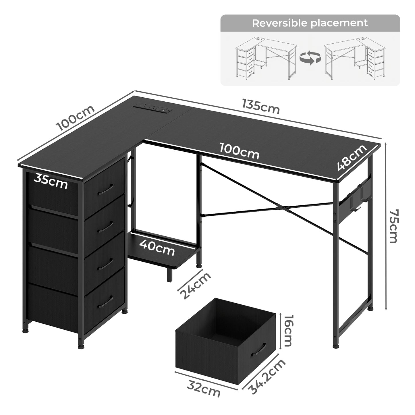 Levede Office Gaming Desk Reversible L-shaped Corner Computer Table 4 Drawers