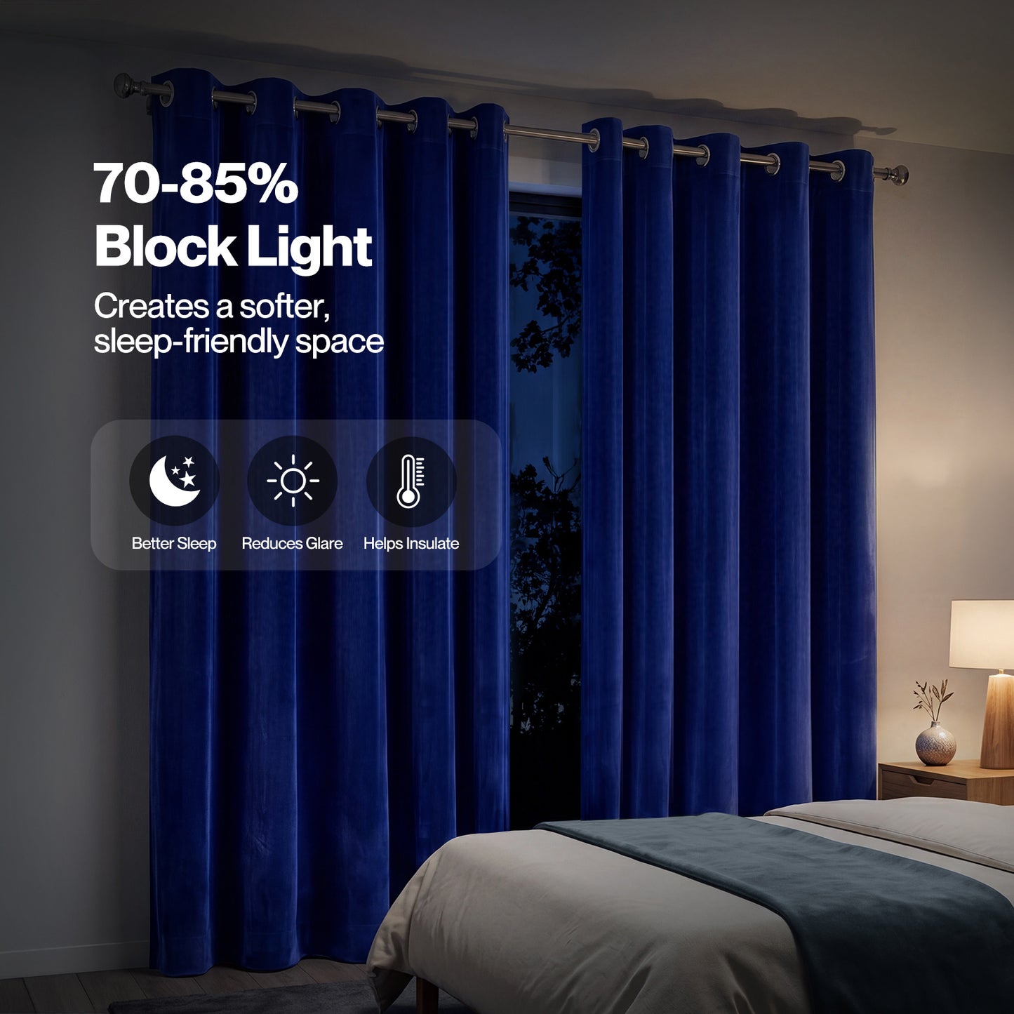 Marlow Thick Thermal Blackout Curtains Velvet 66x90 Inch Eyelet Ring Top Blue