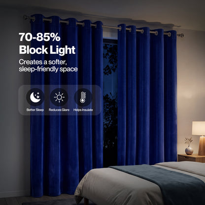 Marlow Thick Thermal Blackout Curtains Velvet 66x90 Inch Eyelet Ring Top Blue
