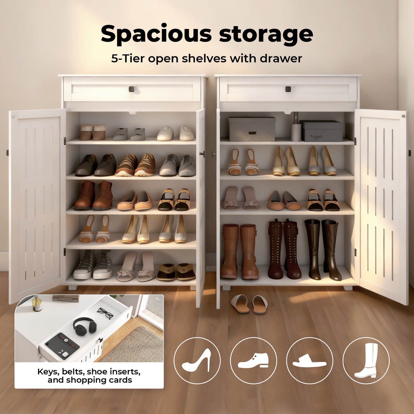 Levede Shoe Cabinet Storage Cupboard Wooden Footwear Stand Rack 2 Doors White