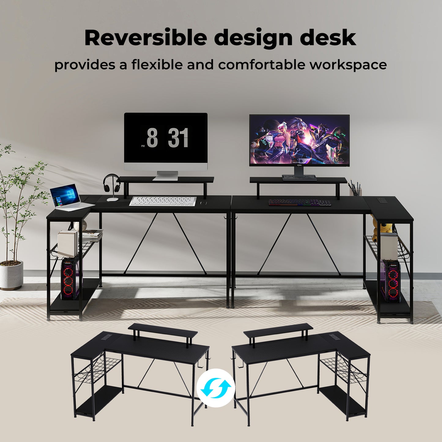 Levede Gaming Desk with LED Lights Shelf Corner L-Shaped Computer Table Charging