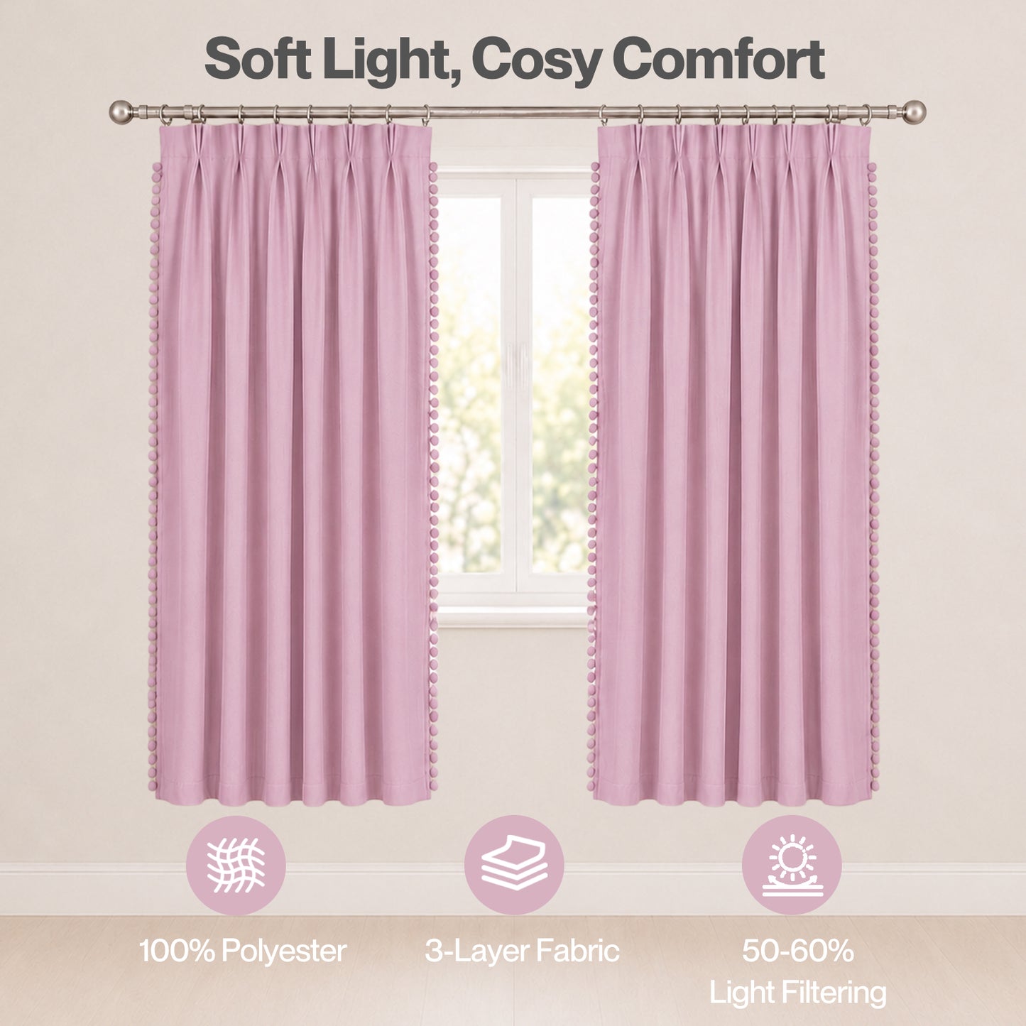 Marlow Pink Pom Pom Curtains for Nursery & Baby Girls Room 46"x72"  2 Panels
