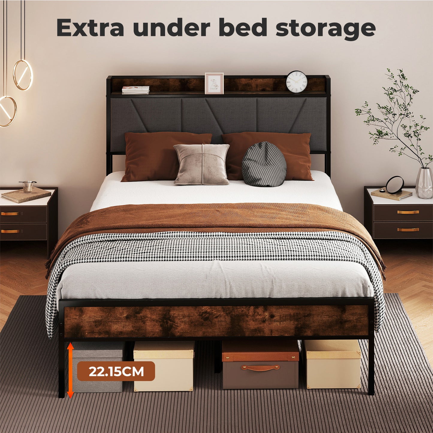 Levede Heavy Duty Double Bed Frame Metal Platform with Storage Headboard 4FT6
