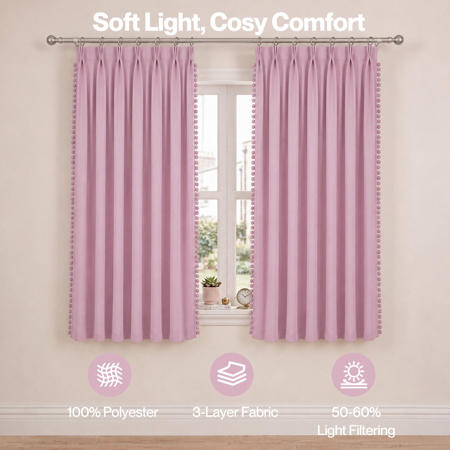 Marlow Pink Pom Pom Curtains for Nursery & Baby Girls Room 46"x54"  2 Panels