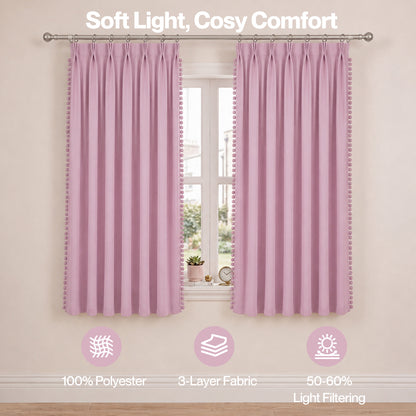 Marlow Pink Pom Pom Curtains for Nursery & Baby Girls Room 46"x54"  2 Panels
