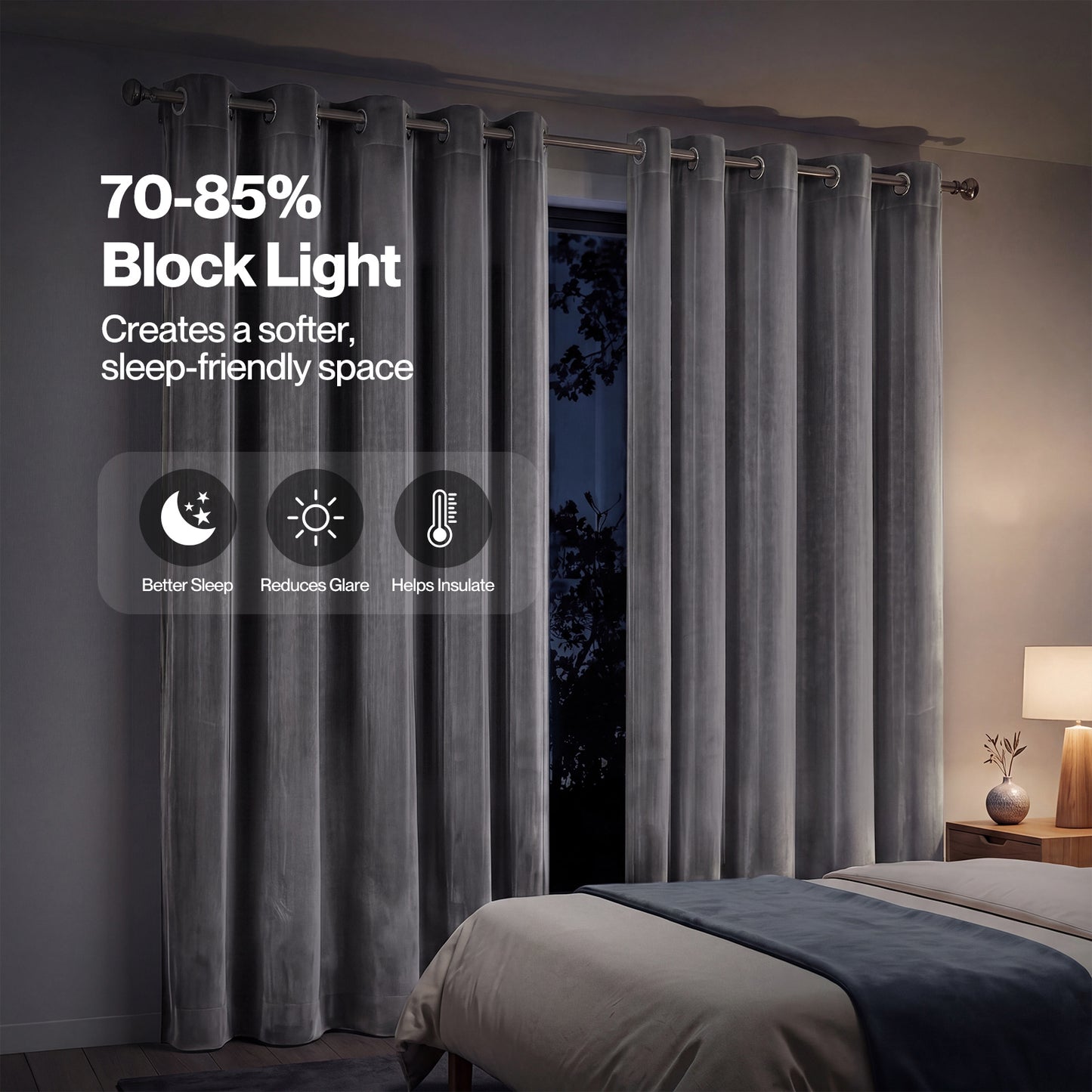 Marlow Thick Thermal Blackout Curtains Velvet 66x72 Inch Eyelet Ring Top Grey