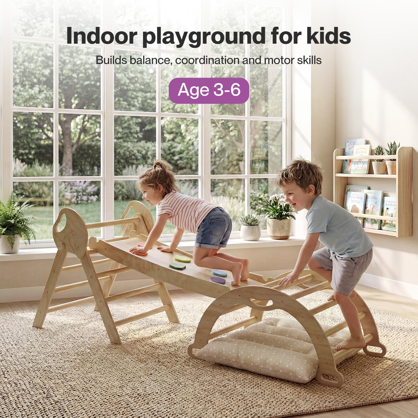 DEKKO 8 in 1 Triangle Climbing Set Kids Wooden Climber with Arch Slide Natural
