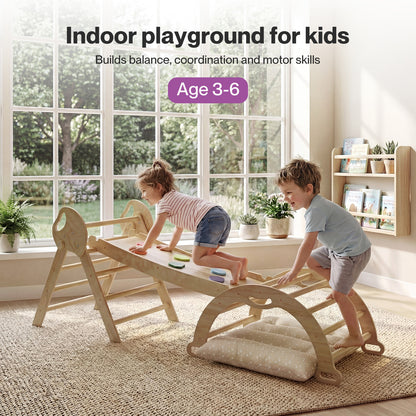 DEKKO 8 in 1 Triangle Climbing Set Kids Wooden Climber with Arch Slide Natural