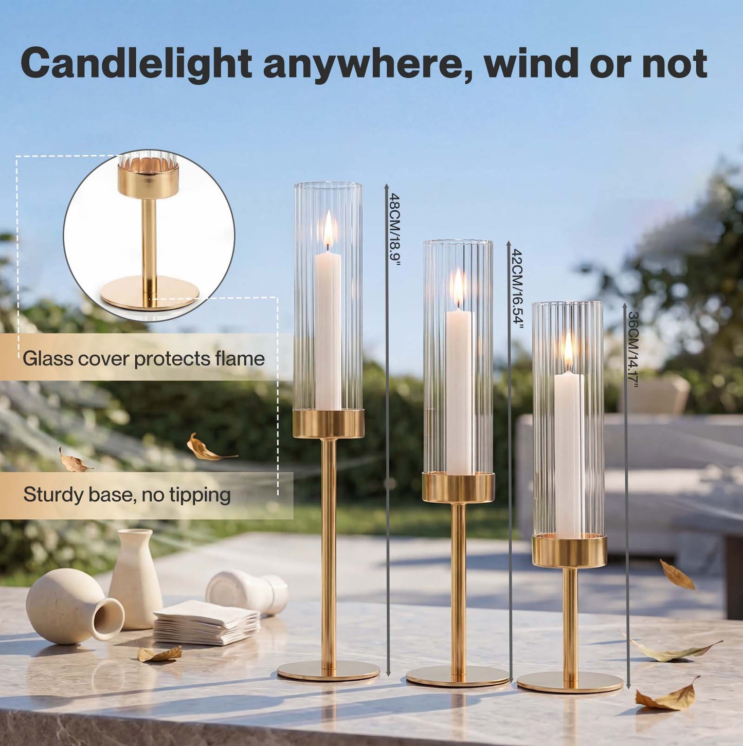 Levede Candle Holder Gold Metal Glass Tube Candlestick Holders Set of 3 Decor