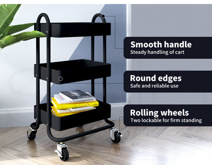 Levede 3 Tiers Kitchen Trolley Cart Steel Storage Rack Shelf Organiser Black
