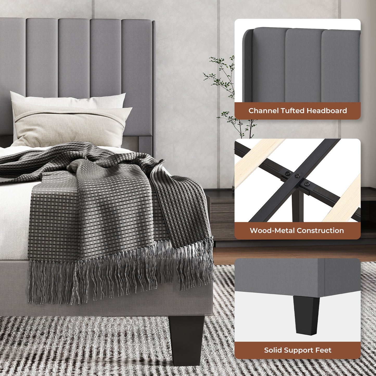 Levede King Bed Frame Panel Plush Metal Wooden Upholstered Bed Base Platform