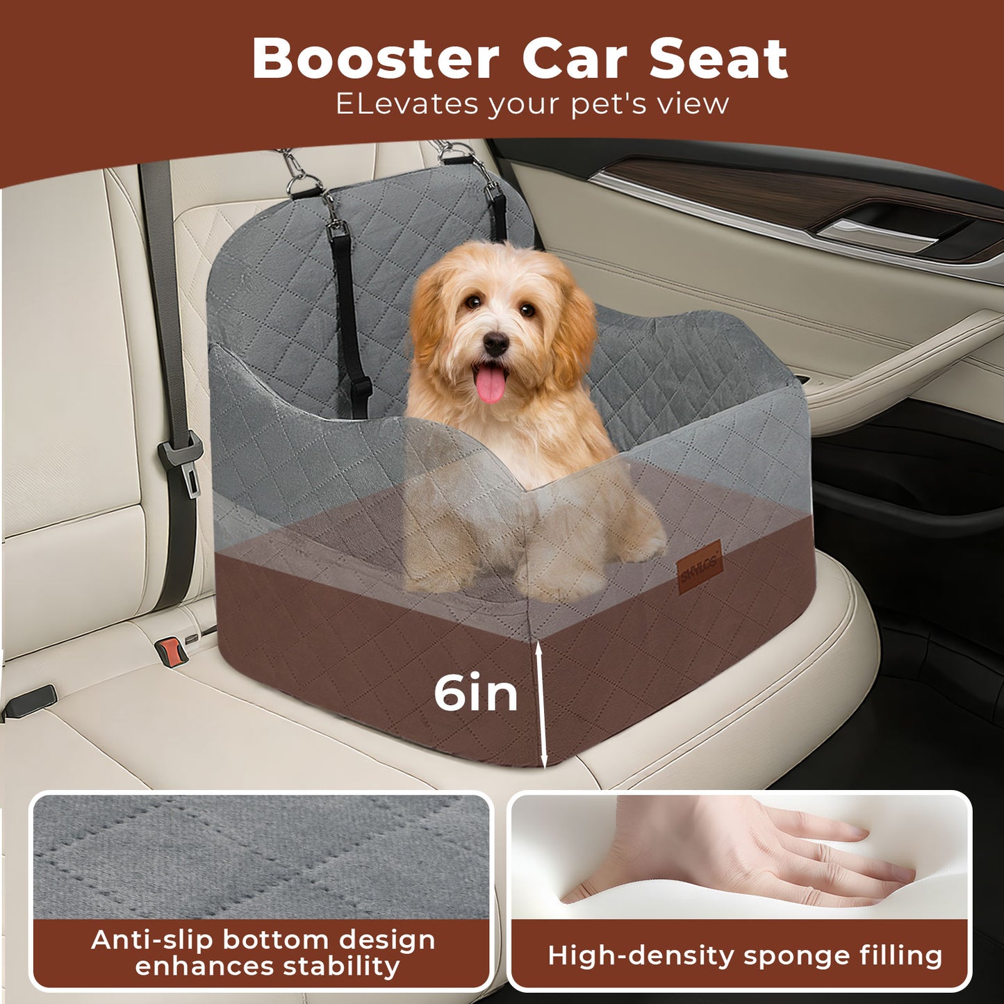 Skylos Dog Booster Car Seat for Small to Medium Pets up to 35 lbs Portable Grey