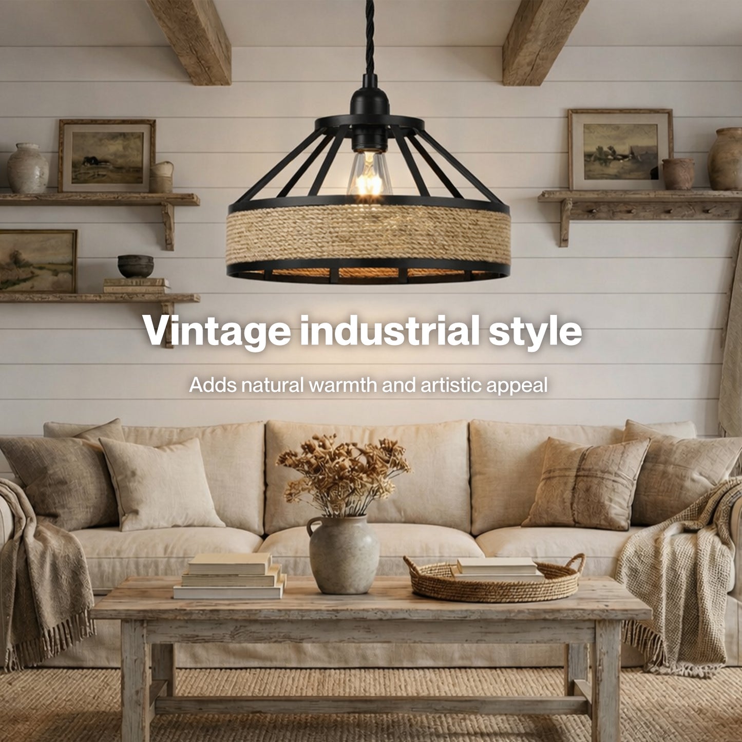 Emitto Modern Ceiling Pendant Light Shade Industrial Hemp Rope Lamp Shade 25cm