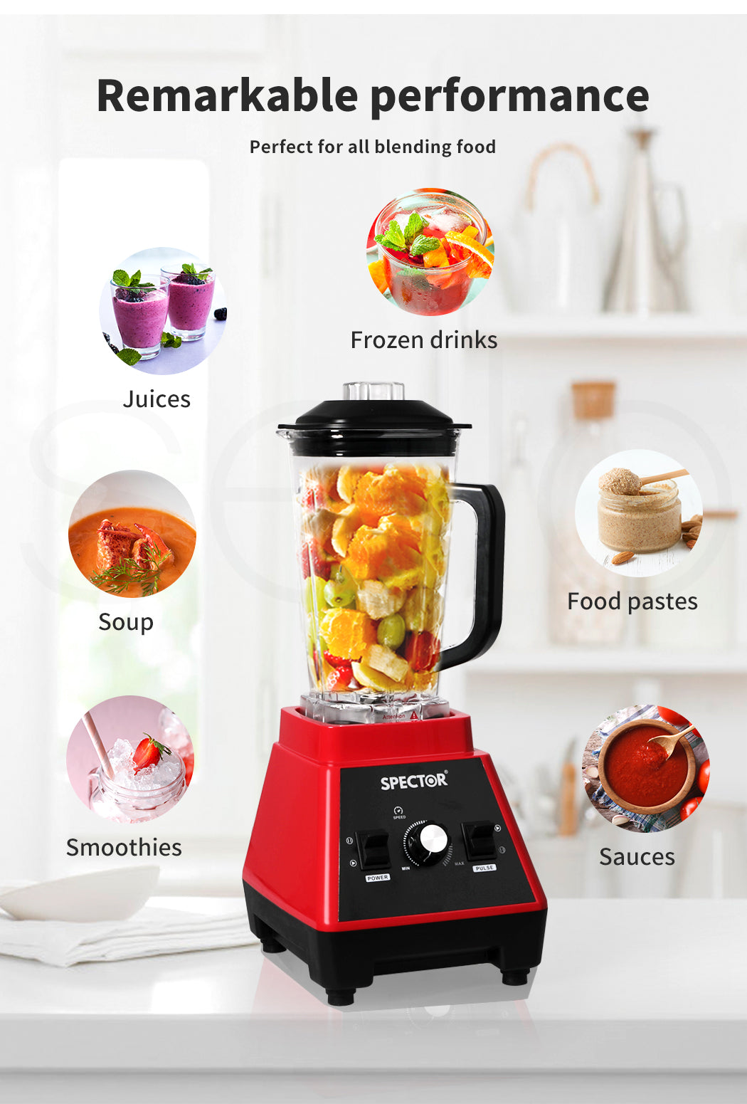 Spector 2L Commercial Blender Mixer Food Processor Juicer Smoothie Ice Crush Red