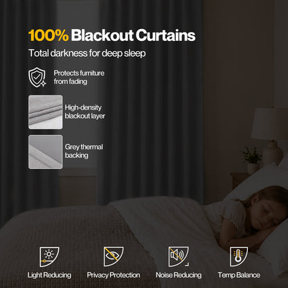 Marlow 100% Blackout Curtains Thermal Linen Look Pair Ready Made 52x84 in Grey