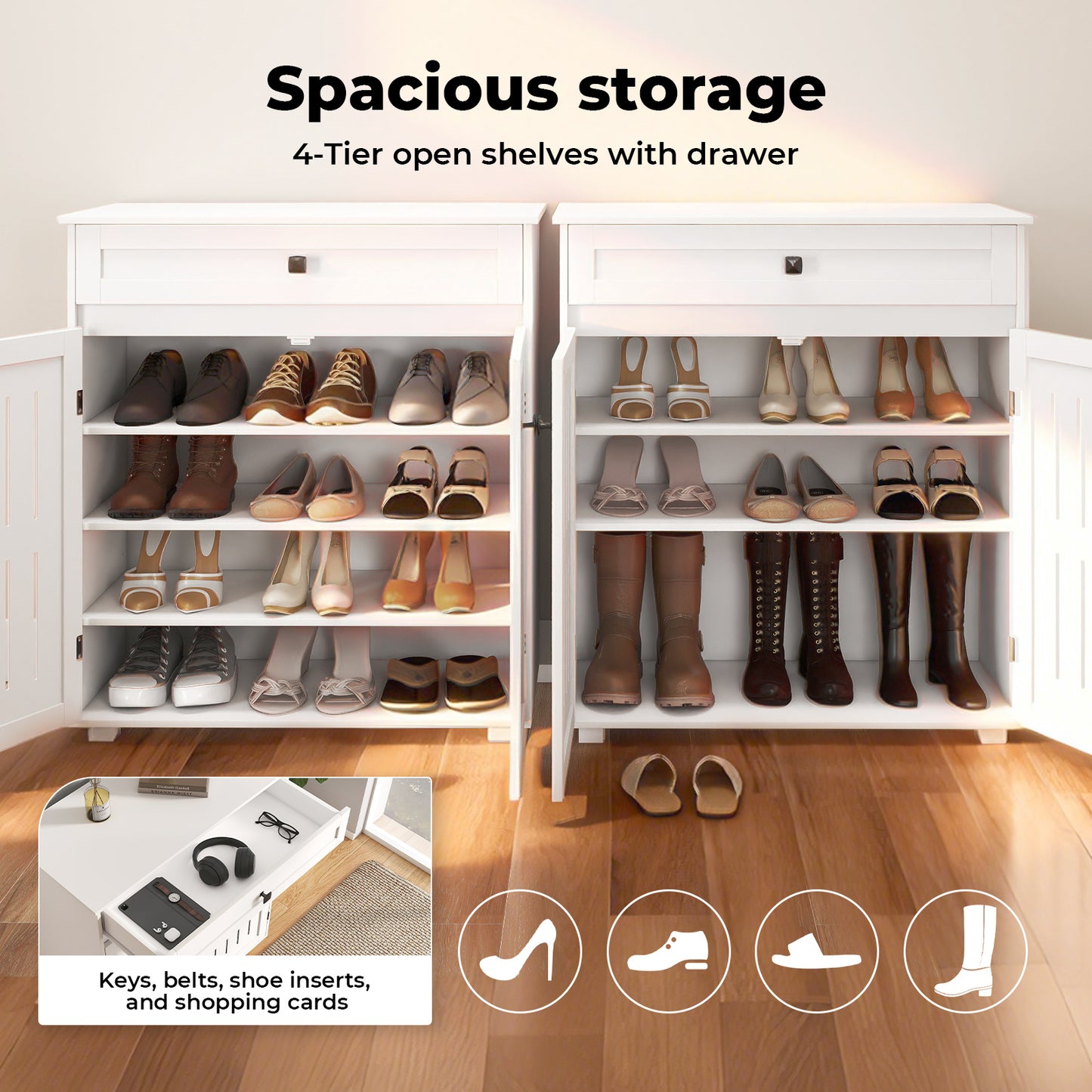 Levede Shoe Cabinet Storage Cupboard Wooden Footwear Stand Rack 2 Doors White