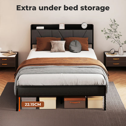 Levede Double Bed Frame Metal Platform Linen Upholstered Headboard with Storage