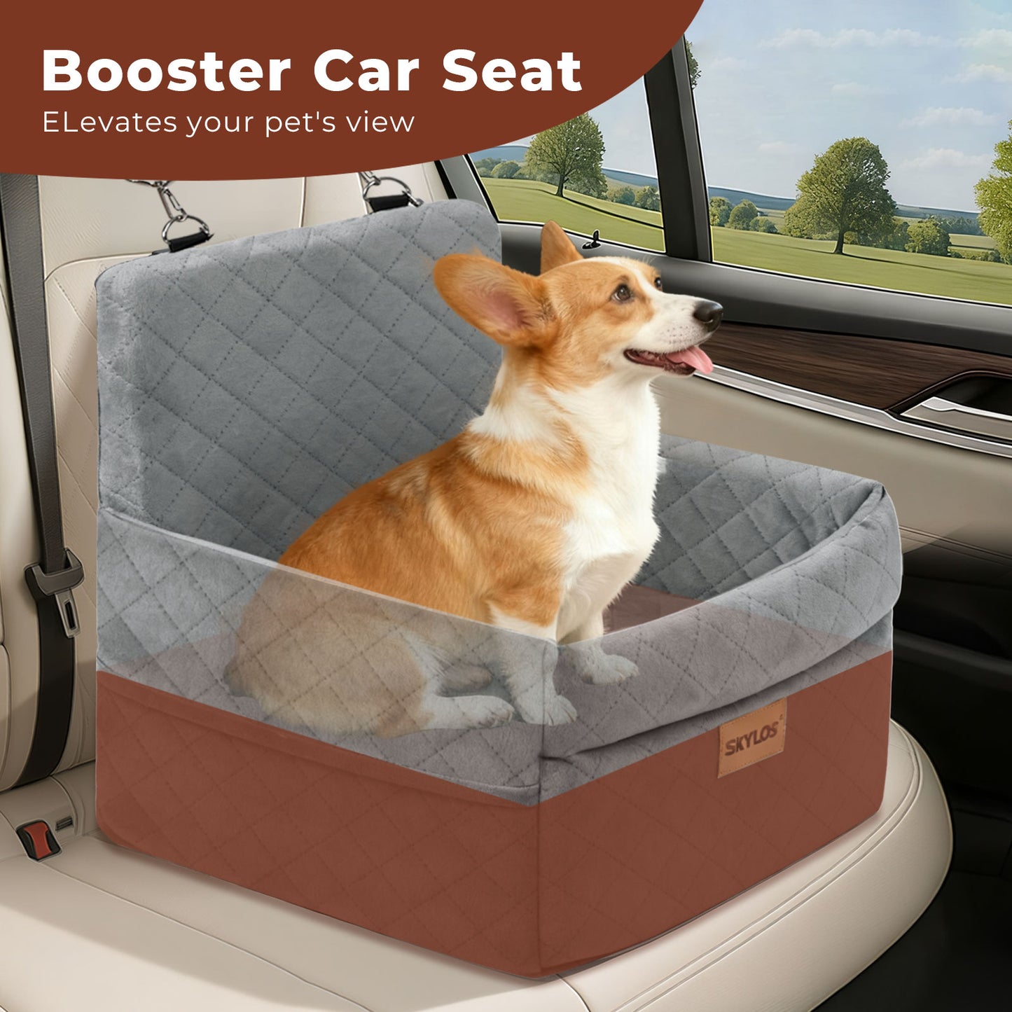 Skylos Dog Booster Car Seat Cosy Cats Pet Travel Bed with Safety Leash Grey