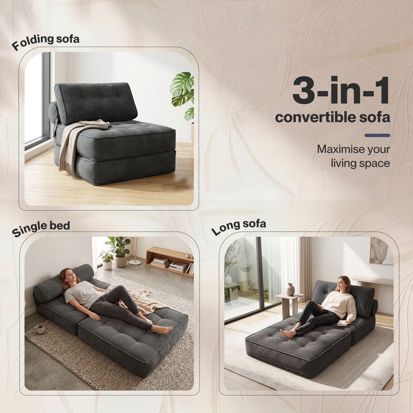 Levede Convertible Sofa Bed 3-IN-1 Portable Boneless Counch Lightweight Foldable
