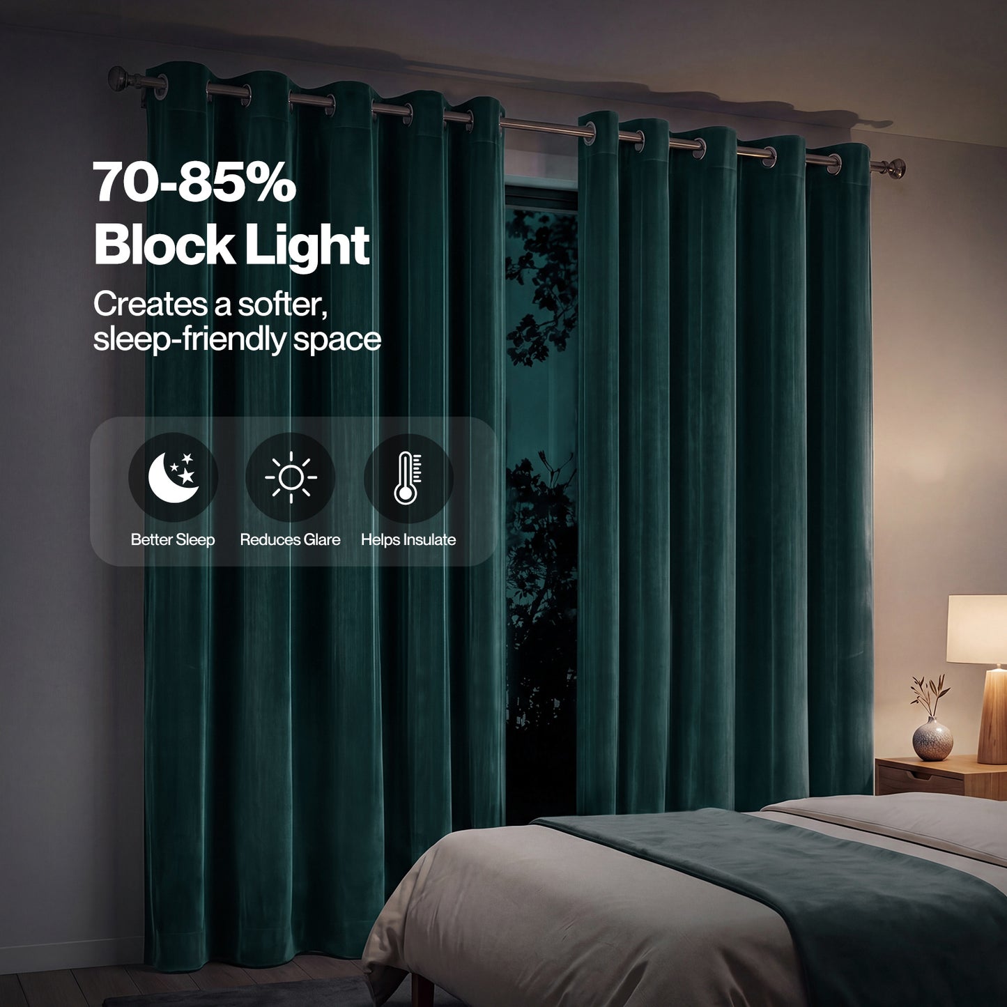Marlow Thick Thermal Blackout Curtains Velvet 66x72 Inch Eyelet Ring Top Green