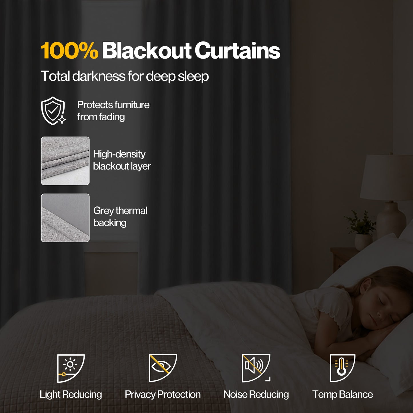 Marlow 100% Blackout Curtains Thermal Linen Look Pair Ready Made 46x72 in Grey