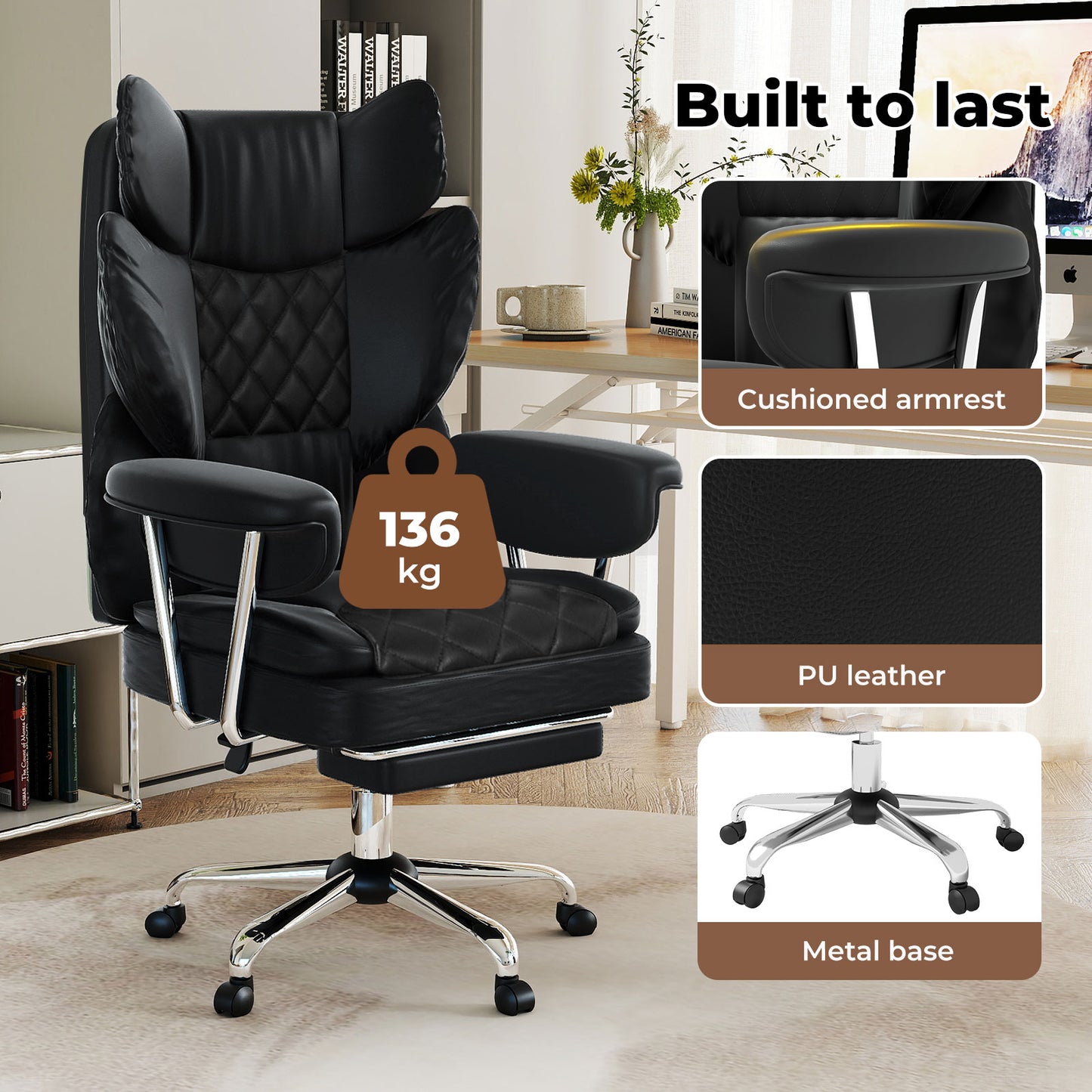 Levede Office Desk Chair Big and Tall for Heavy People with Footrest PU Black