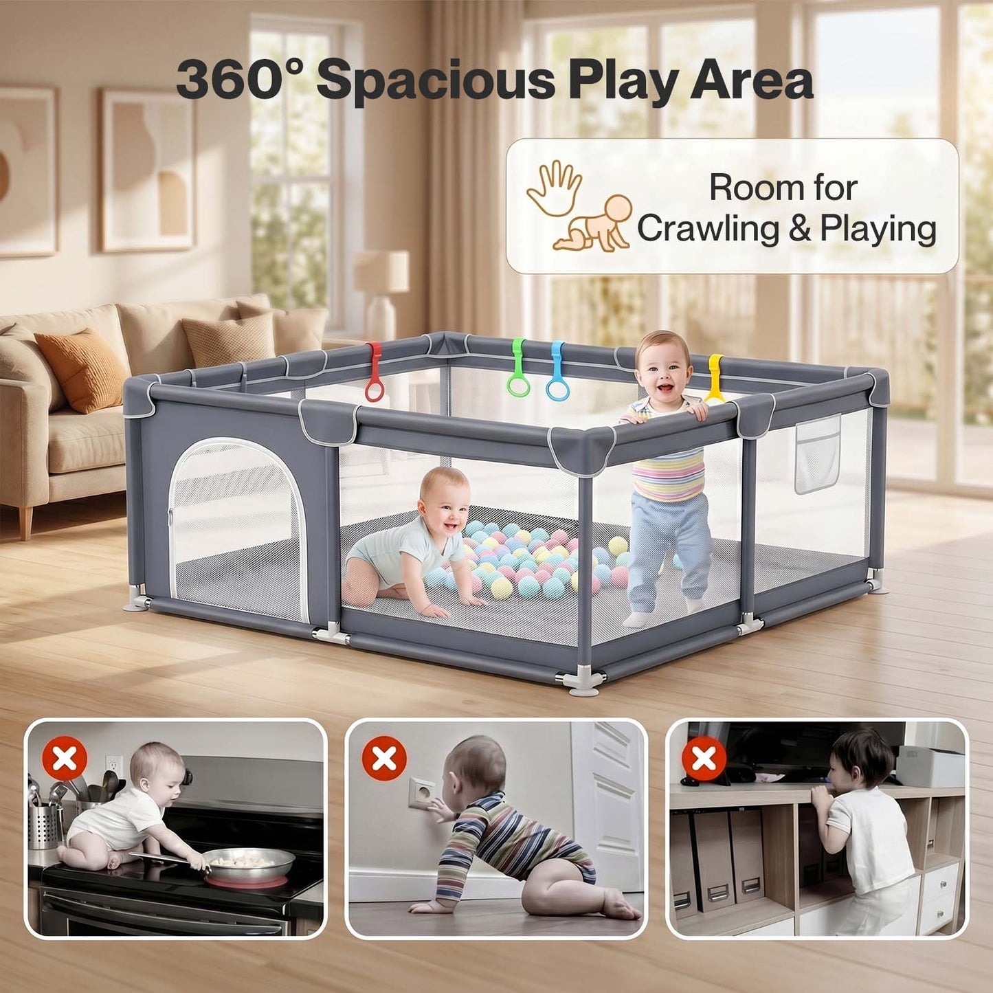 Dekko Baby Playpen 150x180cm Play Mat with 50 Ocean Balls 65cm Safe Height Grey