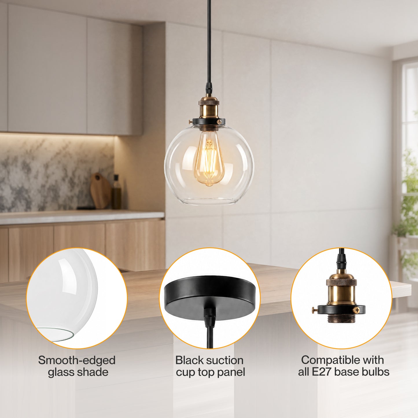 Emitto 2PCS Ceiling Pendant Light Industrial Glass LampShade Adjustable Cable