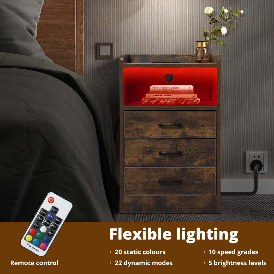 Levede Bedside Table Nightstand USB Charger Outlet RGB LED 3 Drawers Storage
