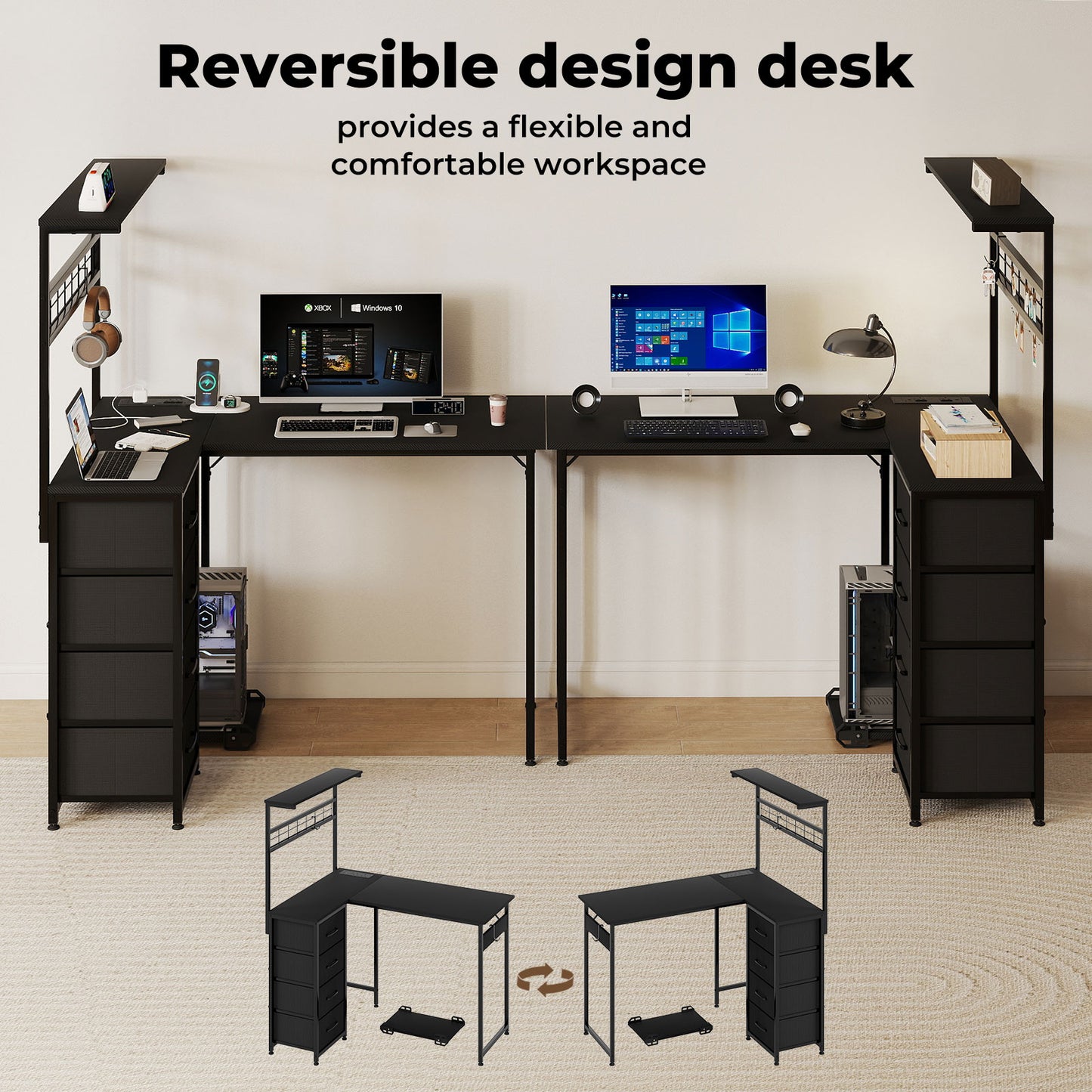 Levede L-Shaped Gaming Desk Office Computer Table with Power Socket LED Drawers