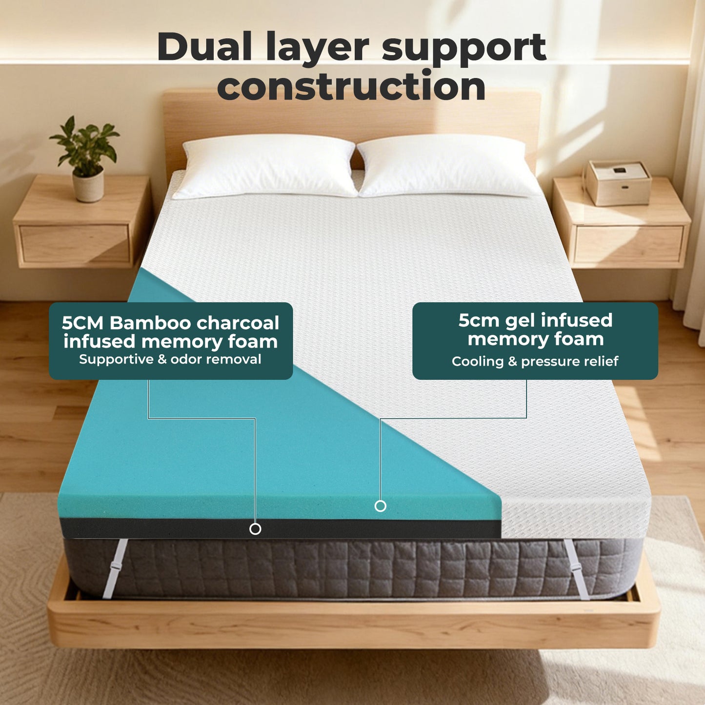 Lavio 4 Inch Mattress Topper Cooling Gel Memory Foam Bamboo Charcoal Washable