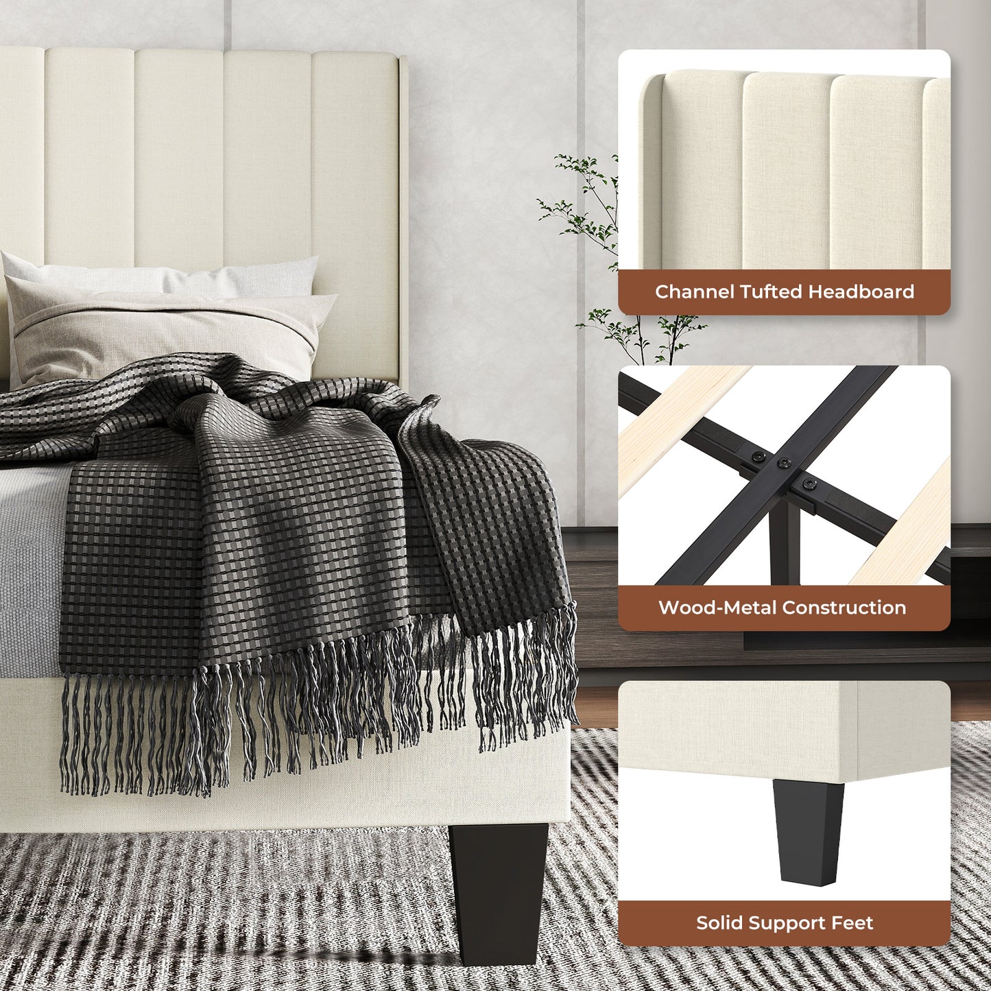 Levede Metal Wooden Bed Frame Double Panel Plush Upholstered Mattress Platform