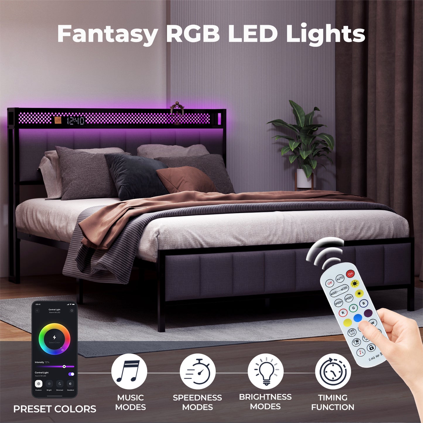 Levede Double Bed Frame Upholstered Headboard Metal Mattress Base LED Lights USB