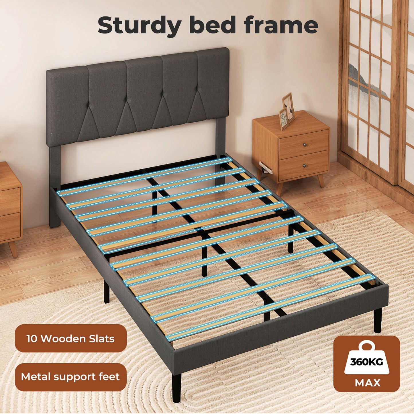 Levede Bed Frame Upholstered Linen Fabric Headboard Wooden Slat Double King Size