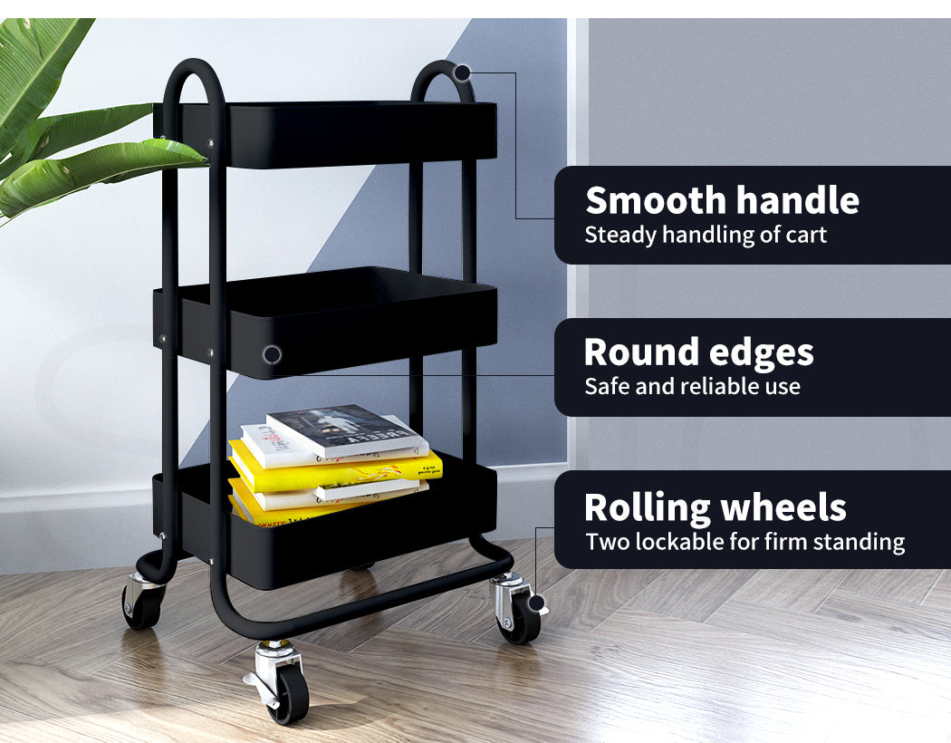 Levede Kitchen Trolley Cart 3 Tiers Storage Rack Steel Shelf Organiser Wheels