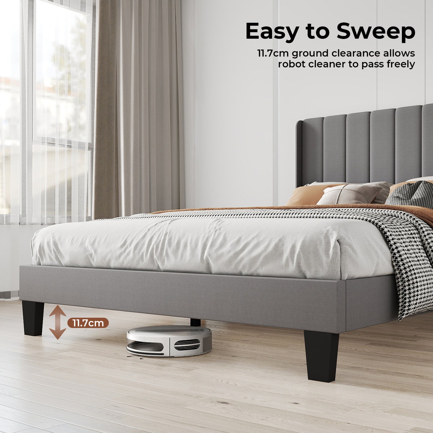 Levede Metal Wooden Bed Frame Double Panel Plush Upholstered Soft Headboard Grey