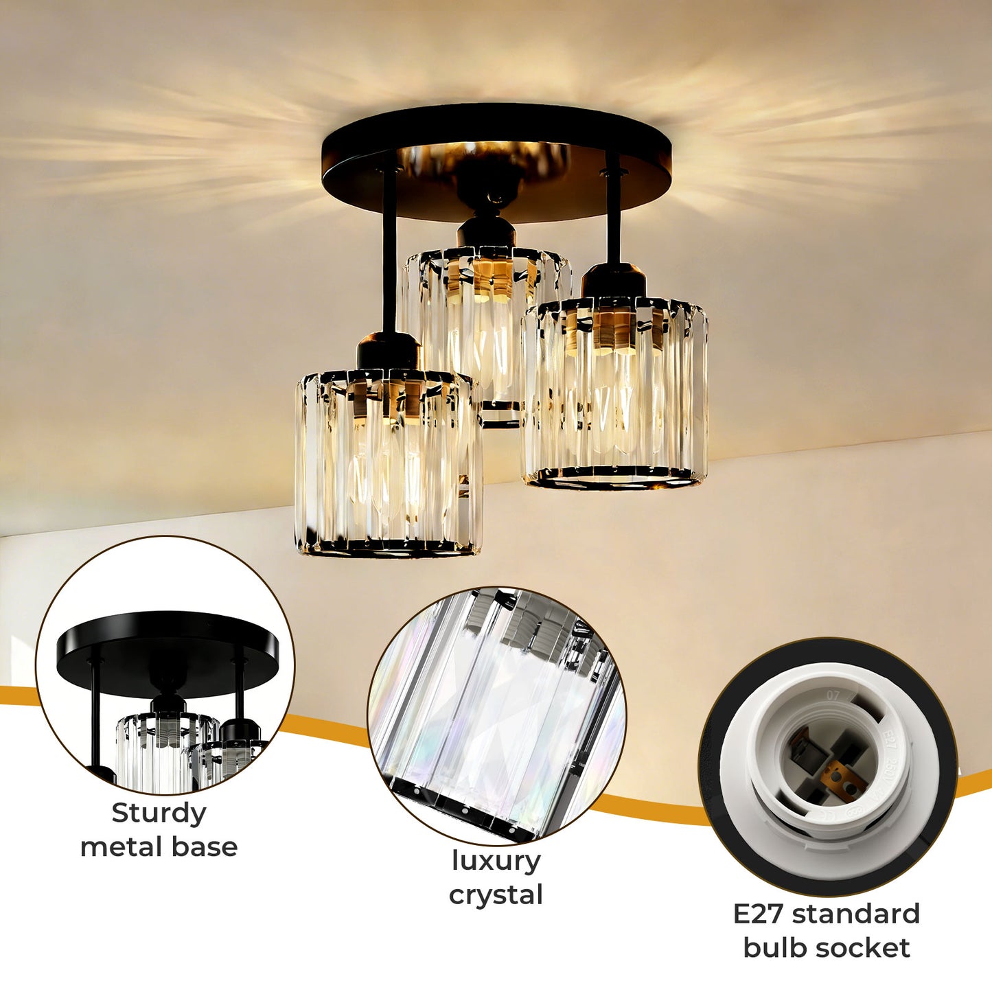 Emitto Crystal Ceiling Light 3 Light E27 Chandelier Semi Flush Mount Lamp Black