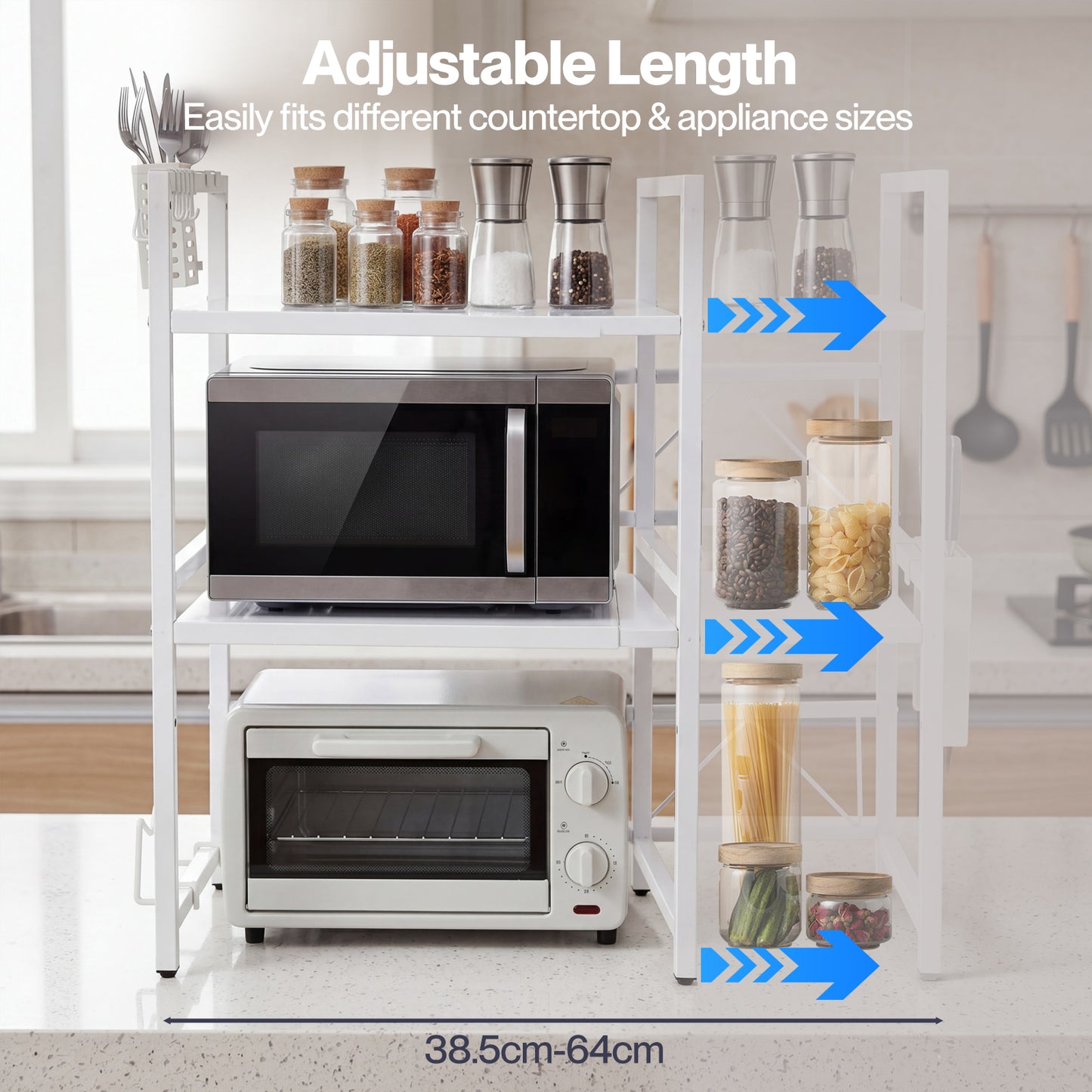 TOQUE 3 Tier Expandable Microwave Oven Rack Stand Kitchen Storage Shelf White