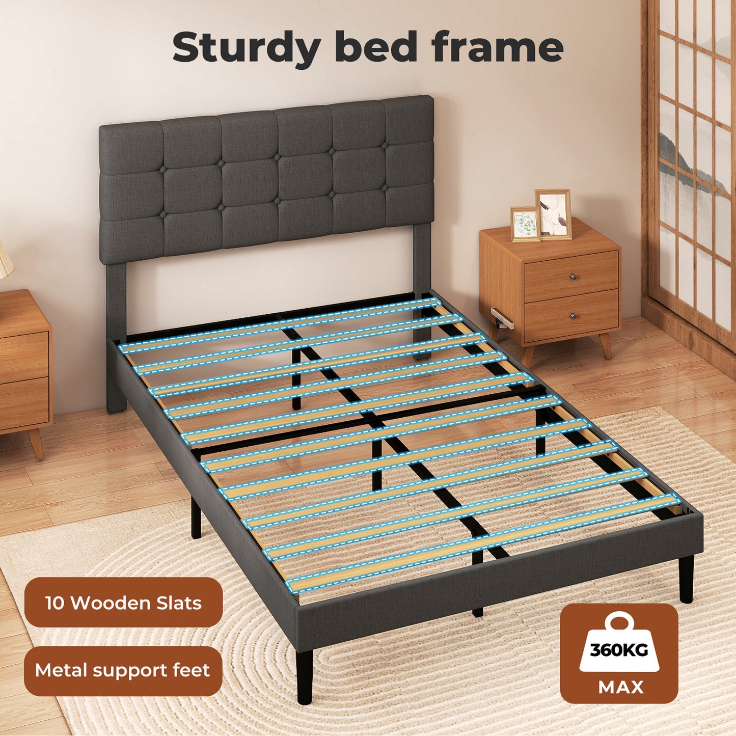 Levede Bed Frame Upholstered Linen Headboard Tufted Wooden Slat Double Size Grey