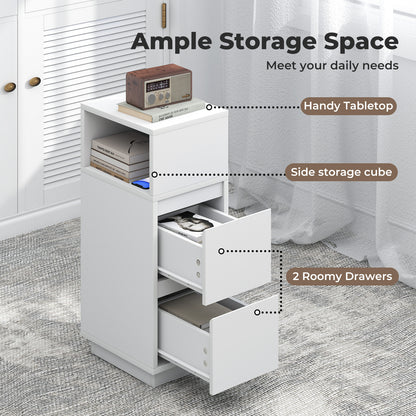 Levede Slim Bedside Table Storage Nightstand with 2 Drawers & Open Shelf White