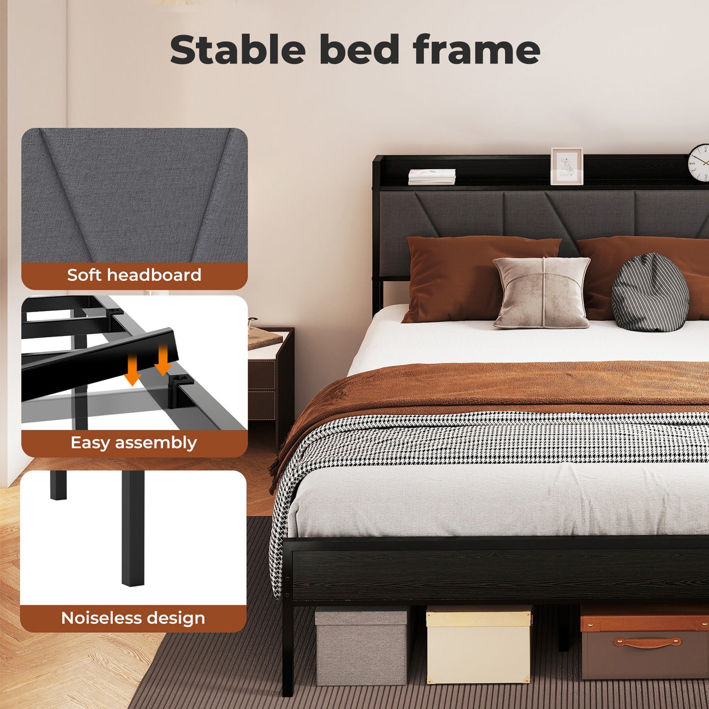 Levede Double Bed Frame Metal Platform Linen Upholstered Headboard with Storage