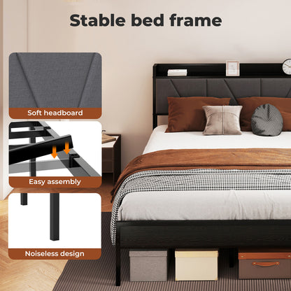 Levede Double Bed Frame Metal Platform Linen Upholstered Headboard with Storage