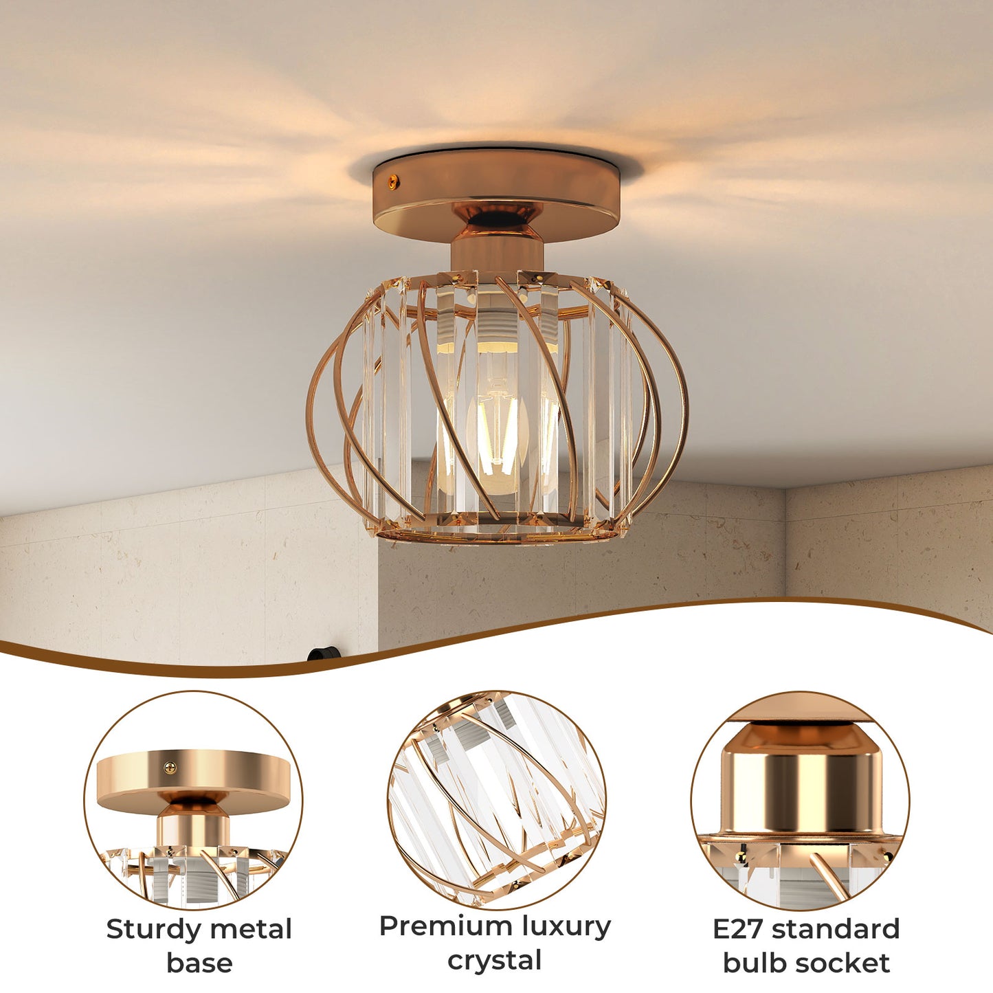 Emitto Crystal Ceiling Light Semi Flush Mount Chandelier Modern Hallway Gold