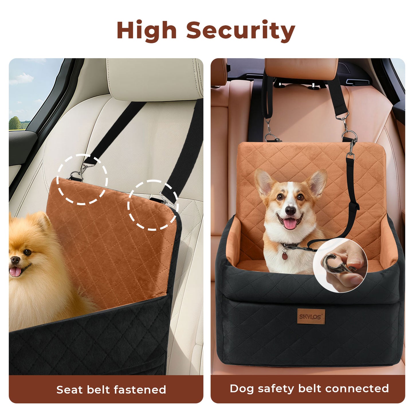 Skylos Dog Booster Car Seat Cosy Cats Pet Travel Bed with Safety Leash Brown