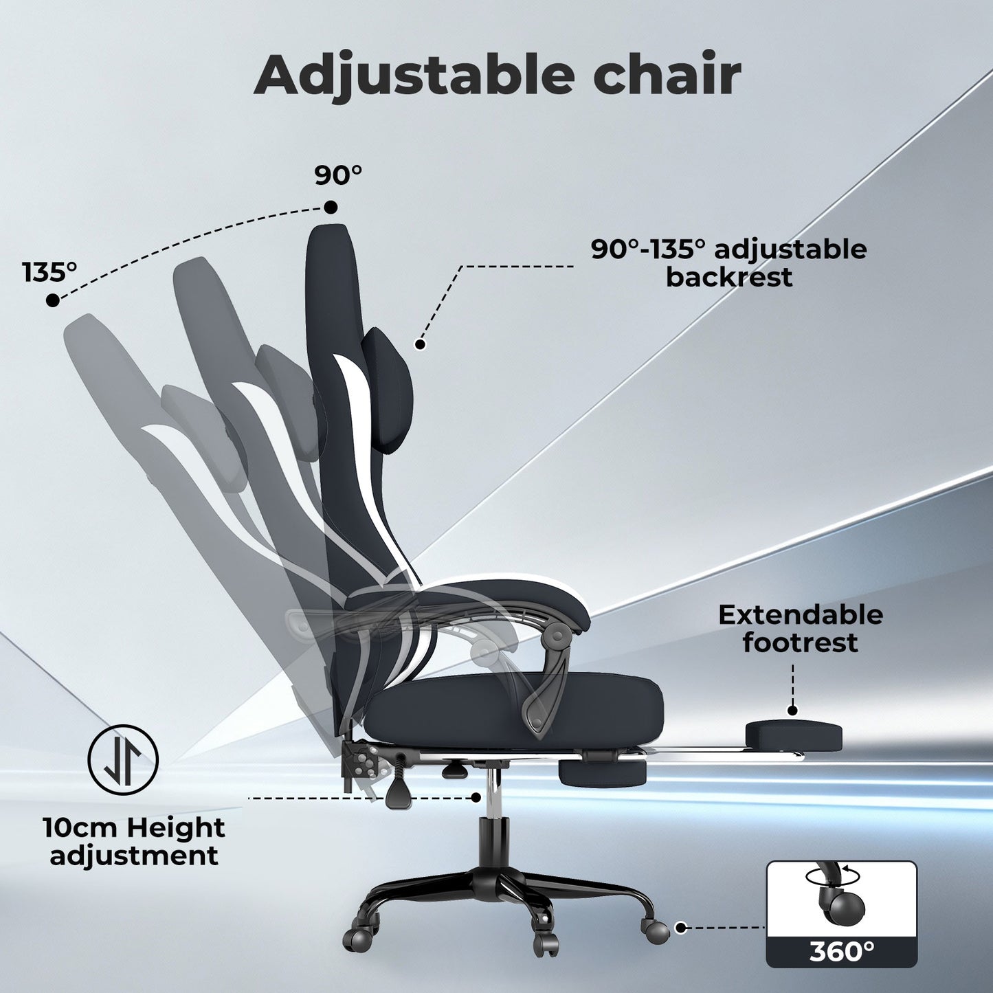 Levede Office Desk Chair Fabric Gaming Recliner Adjustable Height Swivel Black