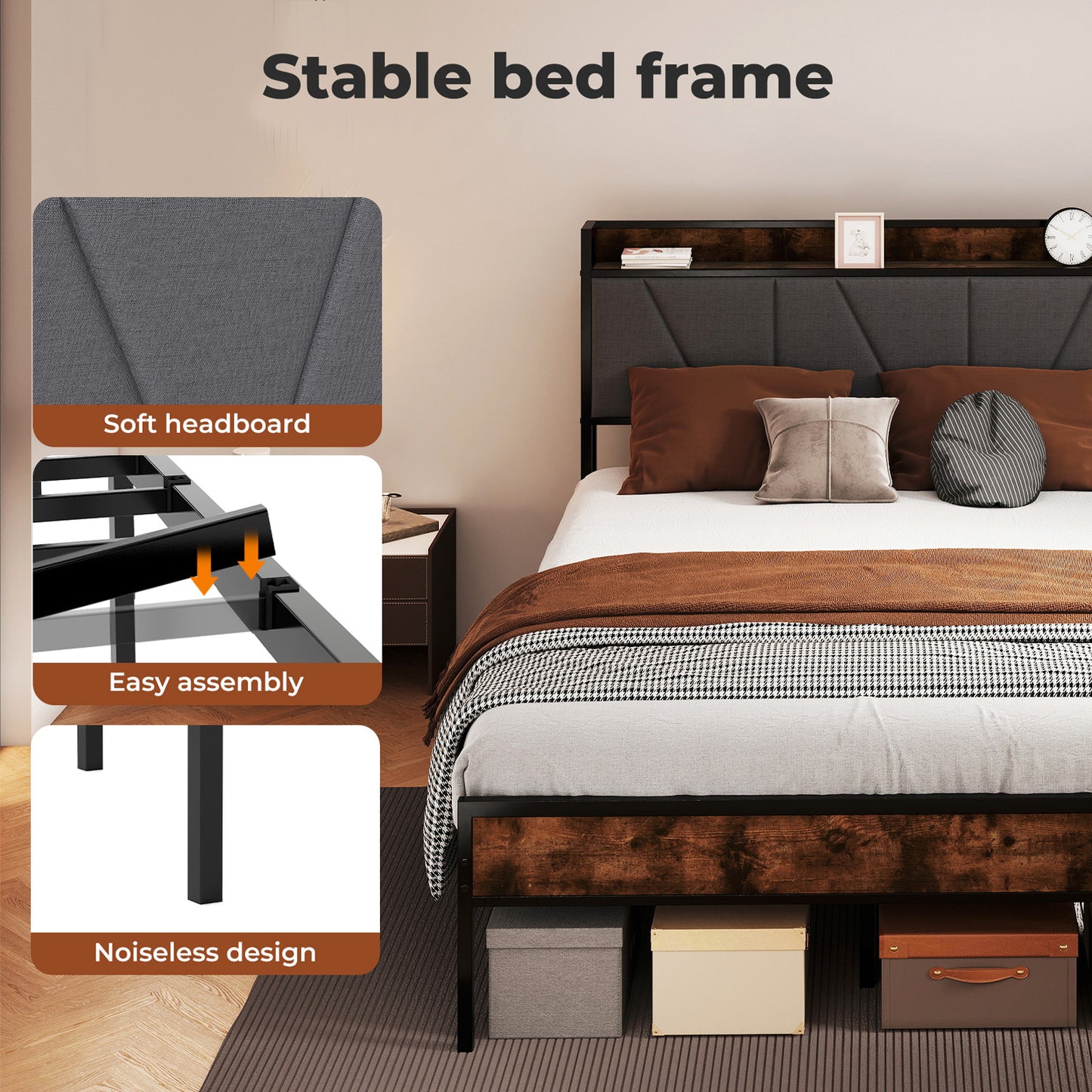 Levede Heavy Duty Double Bed Frame Metal Platform with Storage Headboard 4FT6