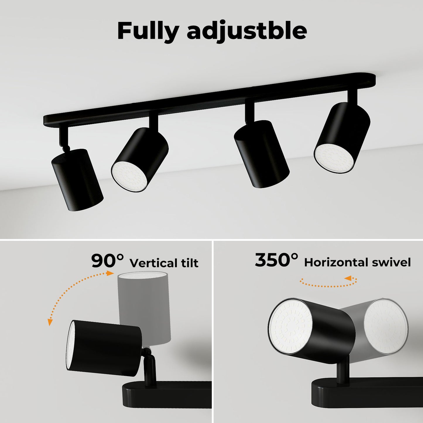 EMITTO Led Ceiling Spot Light GU10 4-Way Fully Adjustable Steel Modern Black