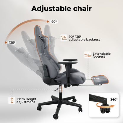 Levede Office Desk Chair Gaming Recliner Adjustable Height with Footrest Grey